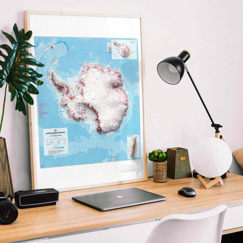 Antarctica, Topographic map - 1986, 2D printed shaded relief map with 3D effect of a 1986 topographic map of Antarctica, with McDonald Islands and Heard Island and Macquarie Island inset. Shop our beautiful fine art printed maps on supreme Cotton paper. Vintage maps digitally restored and enhanced with a 3D effect. VizCart from Vizart