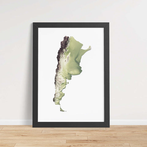 Argentina, Elevation tint - Geo, 2D printed shaded relief map with 3D effect of Argentina with geo tint. Shop our beautiful fine art printed maps on supreme Cotton paper. Vintage maps digitally restored and enhanced with a 3D effect. VizCart from Vizart