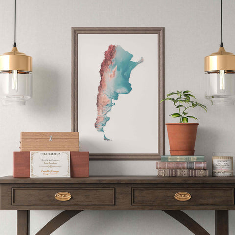 Argentina, Elevation tint - Irid, 2D printed shaded relief map with 3D effect of Argentina with irid tint. Shop our beautiful fine art printed maps on supreme Cotton paper. Vintage maps digitally restored and enhanced with a 3D effect. VizCart from Vizart