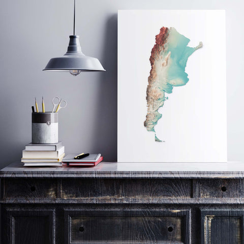 Argentina, Elevation tint - Spectral, 2D printed shaded relief map with 3D effect of Argentina with spectral tint. Shop our beautiful fine art printed maps on supreme Cotton paper. Vintage maps digitally restored and enhanced with a 3D effect. VizCart from Vizart