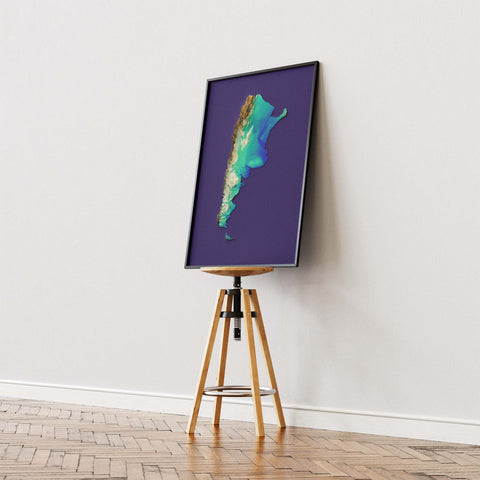 Argentina, Elevation tint - Viridis, 2D printed shaded relief map with 3D effect of Argentina with viridis tint. Shop our beautiful fine art printed maps on supreme Cotton paper. Vintage maps digitally restored and enhanced with a 3D effect. VizCart from Vizart