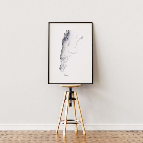 Argentina, Elevation tint - White, 2D printed shaded relief map with 3D effect of Argentina with white tint. Shop our beautiful fine art printed maps on supreme Cotton paper. Vintage maps digitally restored and enhanced with a 3D effect. VizCart from Vizart