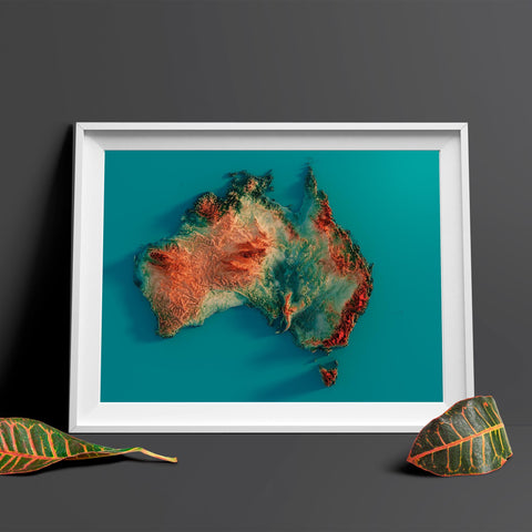 Australia, Elevation tint - Spectral, 2D printed shaded relief map with 3D effect of Australia with spectral hypsometric tint. Shop our beautiful fine art printed maps on supreme Cotton paper. Vintage maps digitally restored and enhanced with a 3D effect. VizCart from Vizart