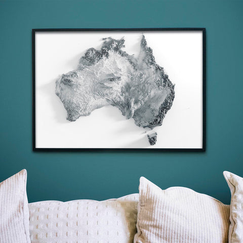 Australia, Elevation tint - White, 2D printed shaded relief map with 3D effect of Australia with white hypsometric tint. Shop our beautiful fine art printed maps on supreme Cotton paper. Vintage maps digitally restored and enhanced with a 3D effect. VizCart from Vizart
