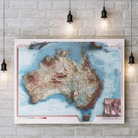 Australia, Topographic map - 1967, 2D printed shaded relief map with 3D effect of a 1967 topographic map of Australia. Shop our beautiful fine art printed maps on supreme Cotton paper. Vintage maps digitally restored and enhanced with a 3D effect. VizCart from Vizart
