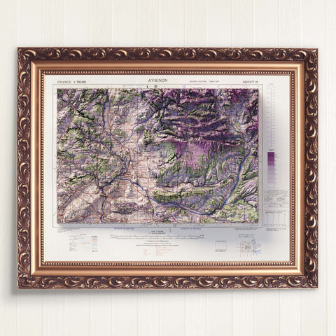 Avignon (France), Topographic map - 1943, 2D printed shaded relief map with 3D effect of a 1943 topographic map of Avignon (France). Shop our beautiful fine art printed maps on supreme Cotton paper. Vintage maps digitally restored and enhanced with a 3D effect. VizCart from Vizart