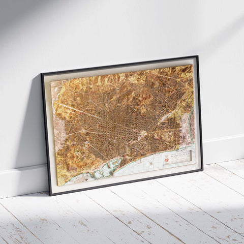 Barcelona (Spain), City map - 1962, 2D printed shaded relief map with 3D effect of a 1962 city map of Barcelona. Shop our beautiful fine art printed maps on supreme Cotton paper. Vintage maps digitally restored and enhanced with a 3D effect. VizCart from Vizart
