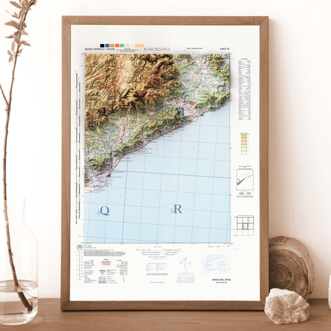 Barcelona (Spain), Topographic map - 1944, 2D printed shaded relief map with 3D effect of a 1944 topographic map of Barcelona (Spain). Shop our beautiful fine art printed maps on supreme Cotton paper. Vintage maps digitally restored and enhanced with a 3D effect. VizCart from Vizart