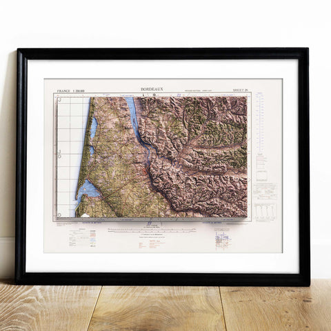 Bordeaux (France), Topographic map - 1943, 2D printed shaded relief map with 3D effect of a 1943 topographic map of Bordeaux (France). Shop our beautiful fine art printed maps on supreme Cotton paper. Vintage maps digitally restored and enhanced with a 3D effect. VizCart from Vizart