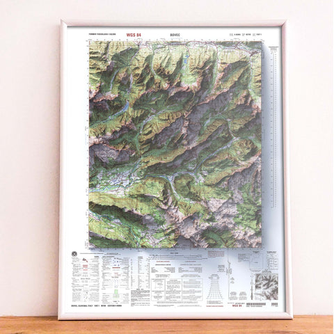 Valley of Soča, Bovec (Slovenia), Topographic map - 1987, 2D printed shaded relief map with 3D effect of a 1987 topographic map of Valley of Soča, Bovec (Slovenia). Shop our beautiful fine art printed maps on supreme Cotton paper. Vintage maps digitally restored and enhanced with a 3D effect. VizCart from Vizart