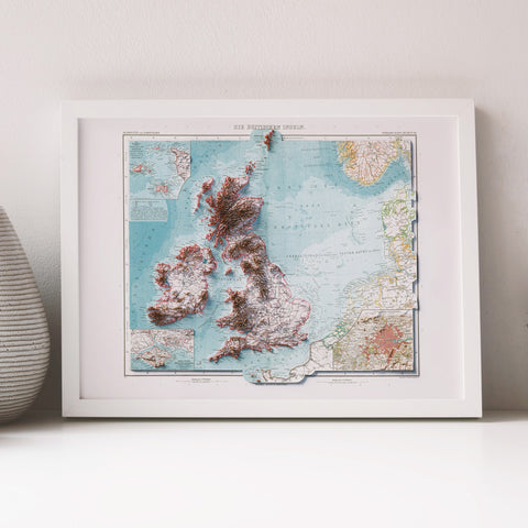 British-Irish Isles, Topographic map - 1911, 2D printed shaded relief map with 3D effect of a 1911 topographic map of Britain and Ireland (British-Irish Isles). Shop our beautiful fine art printed maps on supreme Cotton paper. Vintage maps digitally restored and enhanced with a 3D effect. VizCart from Vizart