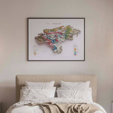 Cantabria (Spain), Geological map - 1989, 2D printed shaded relief map with 3D effect of a 1989 geologic map of Cantabria (Spain). Shop our beautiful fine art printed maps on supreme Cotton paper. Vintage maps digitally restored and enhanced with a 3D effect. VizCart from Vizart