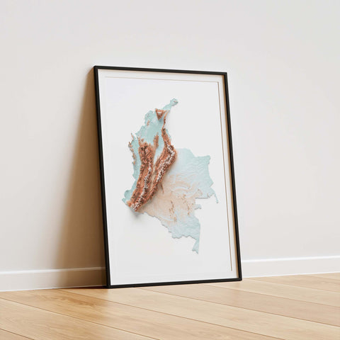 Colombia, Elevation tint - Candy, 2D printed shaded relief map with 3D effect of Colombia with candy tint. Shop our beautiful fine art printed maps on supreme Cotton paper. Vintage maps digitally restored and enhanced with a 3D effect. VizCart from Vizart