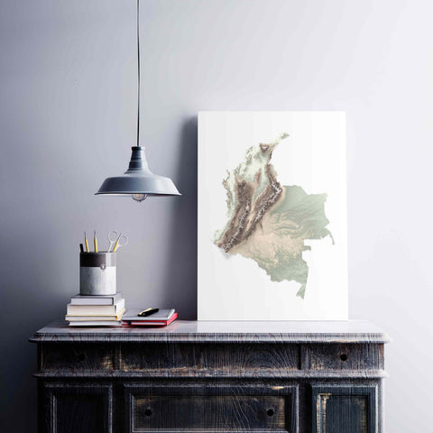 Colombia, Elevation tint - Geo, 2D printed shaded relief map with 3D effect of Colombia with geo tint. Shop our beautiful fine art printed maps on supreme Cotton paper. Vintage maps digitally restored and enhanced with a 3D effect. VizCart from Vizart