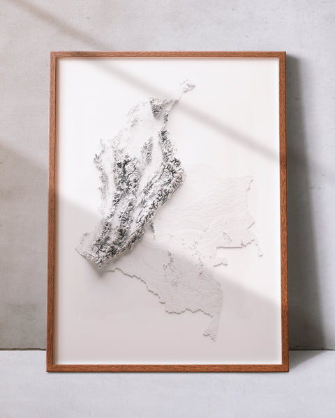 Colombia, Elevation tint - White, 2D printed shaded relief map with 3D effect of Colombia with white tint. Shop our beautiful fine art printed maps on supreme Cotton paper. Vintage maps digitally restored and enhanced with a 3D effect. VizCart from Vizart