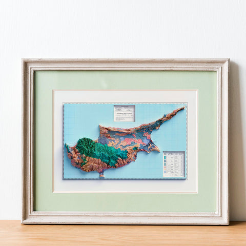 Cyprus, Soil map - 1987, 2D printed shaded relief map with 3D effect of a 1987 soil map of Cyprus. Shop our beautiful fine art printed maps on supreme Cotton paper. Vintage maps digitally restored and enhanced with a 3D effect. VizCart from Vizart
