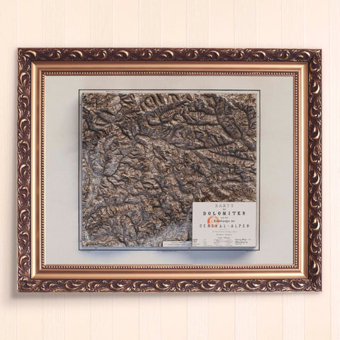Dolomites (Italy), Topographic map - 1880, 2D printed shaded relief map with 3D effect of a 1880 topographic map of Dolomites (Italy). Shop our beautiful fine art printed maps on supreme Cotton paper. Vintage maps digitally restored and enhanced with a 3D effect. VizCart from Vizart