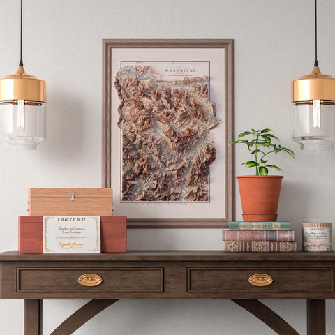 Dolomites (Italy), Topographic map - 1904, 2D printed shaded relief map with 3D effect of a 1904 topographic map of Dolomites (Italy). Shop our beautiful fine art printed maps on supreme Cotton paper. Vintage maps digitally restored and enhanced with a 3D effect. VizCart from Vizart