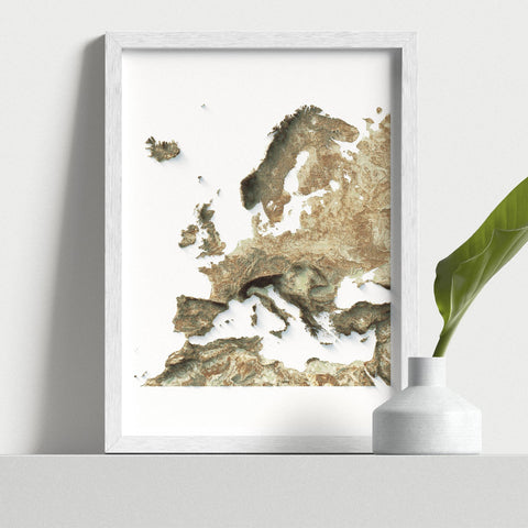 Europe, Elevation tint - Geo, 2D printed shaded relief map with 3D effect of Europe with geo hypsometric tint. Shop our beautiful fine art printed maps on supreme Cotton paper. Vintage maps digitally restored and enhanced with a 3D effect., VizCart from Vizart