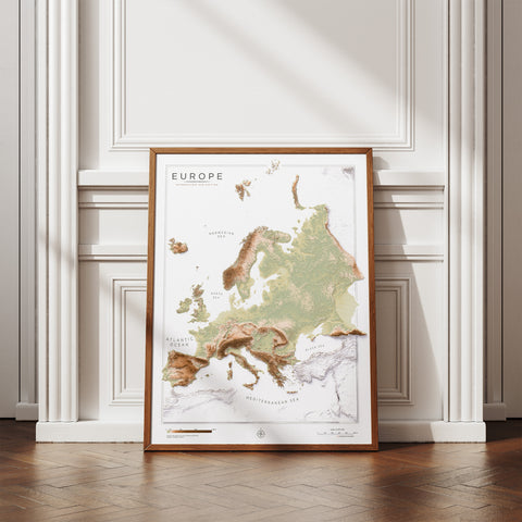 Europe geo shaded relief elevation map printed on fine art paper wall decor