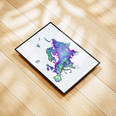 Europe, Elevation tint - Viridis, 2D printed shaded relief map with 3D effect of Europe with viridis hypsometric tint. Shop our beautiful fine art printed maps on supreme Cotton paper. Vintage maps digitally restored and enhanced with a 3D effect. VizCart from Vizart