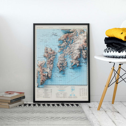 Flakstad (Lofoten Islands, Norway), Topographic map - 1952, 2D printed shaded relief map with 3D effect of a 1952 topographic map of Flakstad (Lofoten Islands, Norway). Shop our beautiful fine art printed maps on supreme Cotton paper. Vintage maps digitally restored and enhanced with a 3D effect. VizCart from Vizart