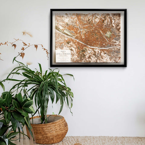 Florence (Italy), City map - 1936, 2D printed shaded relief map with 3D effect of a 1936 city map of Florence (Italy). Shop our beautiful fine art printed maps on supreme Cotton paper. Vintage maps digitally restored and enhanced with a 3D effect. VizCart from Vizart