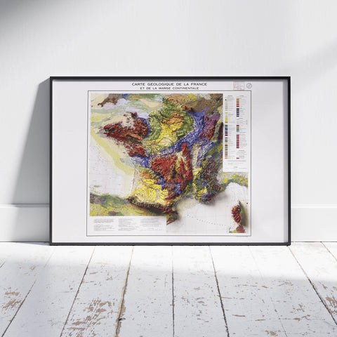 France, Geological map - 1980, 2D printed shaded relief map with 3D effect of a 1980 geological map of France. Shop our beautiful fine art printed maps on supreme Cotton paper. Vintage maps digitally restored and enhanced with a 3D effect. VizCart from Vizart