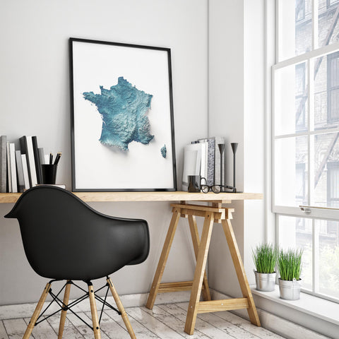 France, Elevation tint - Deep Blue, 2D printed shaded relief map with 3D effect of France with deep blue elevation tint. Shop our beautiful fine art printed maps on supreme Cotton paper. Vintage maps digitally restored and enhanced with a 3D effect. VizCart from Vizart