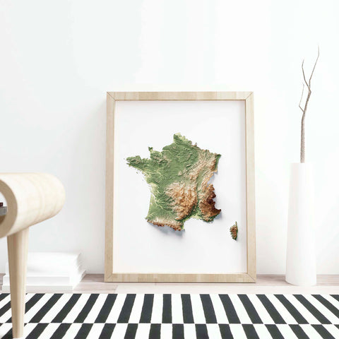 France, Elevation tint - Geo, 2D printed shaded relief map with 3D effect of France with geo elevation tint. Shop our beautiful fine art printed maps on supreme Cotton paper. Vintage maps digitally restored and enhanced with a 3D effect. VizCart from Vizart