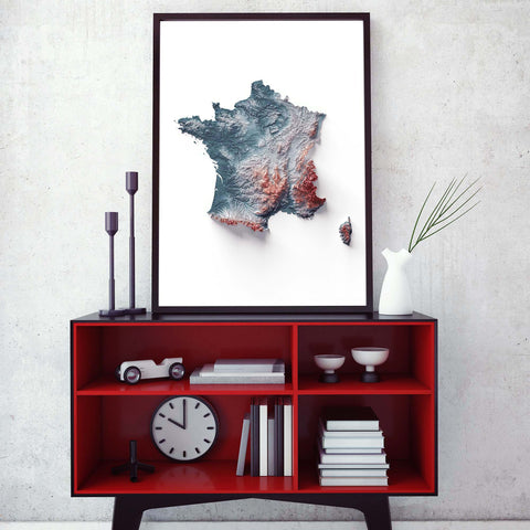France, Elevation tint - Irid, 2D printed shaded relief map with 3D effect of France with irid elevation tint. Shop our beautiful fine art printed maps on supreme Cotton paper. Vintage maps digitally restored and enhanced with a 3D effect. VizCart from Vizart
