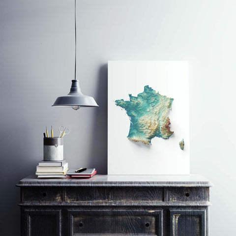 France, Elevation tint - Spectral, 2D printed shaded relief map with 3D effect of France with spectral elevation tint. Shop our beautiful fine art printed maps on supreme Cotton paper. Vintage maps digitally restored and enhanced with a 3D effect. VizCart from Vizart