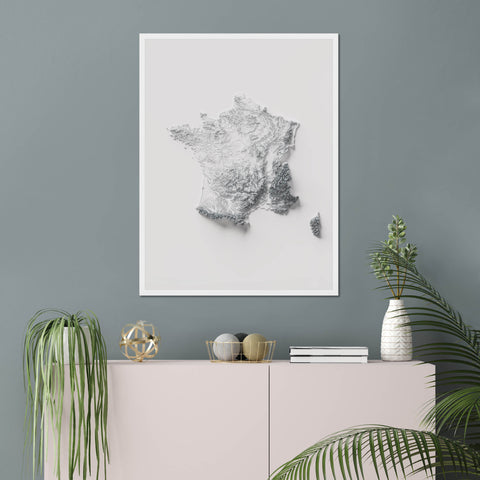 France, Elevation tint - White, 2D printed shaded relief map with 3D effect of France with monochrome white tint. Shop our beautiful fine art printed maps on supreme Cotton paper. Vintage maps digitally restored and enhanced with a 3D effect. VizCart from Vizart