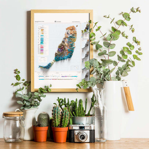 Fuerteventura (Spain), Geological map - 1991, 2D printed shaded relief map with 3D effect of a 1991 geological map of Isla Fuerteventura (Spain). Shop our beautiful fine art printed maps on supreme Cotton paper. Vintage maps digitally restored and enhanced with a 3D effect. VizCart from Vizart