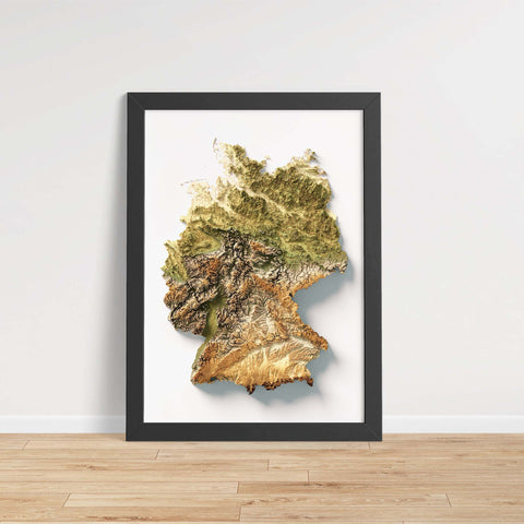 Germany, Elevation tint - Geo, 2D printed shaded relief map with 3D effect of Germany with geo elevation tint. Shop our beautiful fine art printed maps on supreme Cotton paper. Vintage maps digitally restored and enhanced with a 3D effect. VizCart from Vizart