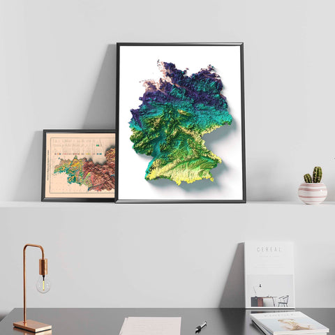 Germany, Elevation tint - Viridis, 2D printed shaded relief map with 3D effect of Germany with viridis elevation tint. Shop our beautiful fine art printed maps on supreme Cotton paper. Vintage maps digitally restored and enhanced with a 3D effect. VizCart from Vizart