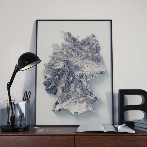 Germany, Elevation tint - White, 2D printed shaded relief map with 3D effect of Germany with monochrome white elevation tint. Shop our beautiful fine art printed maps on supreme Cotton paper. Vintage maps digitally restored and enhanced with a 3D effect. VizCart from Vizart