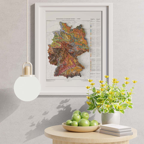 Germany, Soil map - 1995, 2D printed shaded relief map with 3D effect of a 1995 soil map of Germany. Shop our beautiful fine art printed maps on supreme Cotton paper. Vintage maps digitally restored and enhanced with a 3D effect. VizCart from Vizart