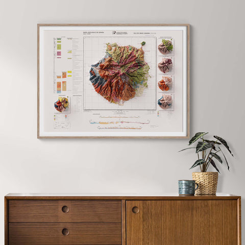 Gran Canaria (Spain), Geological map - 1990, 2D printed shaded relief map with 3D effect of a 1944 topographic map of Gran Canaria (Spain). Shop our beautiful fine art printed maps on supreme Cotton paper. Vintage maps digitally restored and enhanced with a 3D effect. VizCart from Vizart