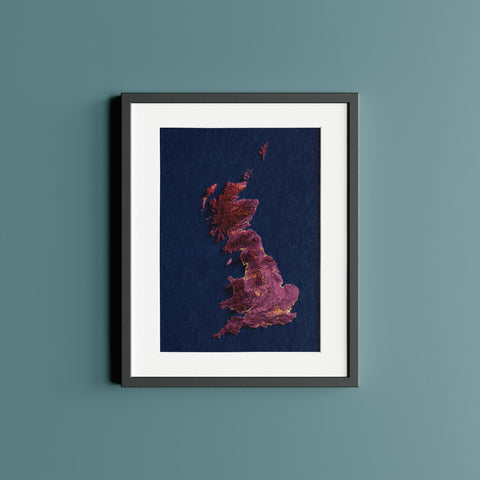 Great Britain (UK), Elevation tint - Magma, 2D printed shaded relief map with 3D effect of Great Britain with magma hypsometric tint. Shop our beautiful fine art printed maps on supreme Cotton paper. Vintage maps digitally restored and enhanced with a 3D effect. VizCart from Vizart
