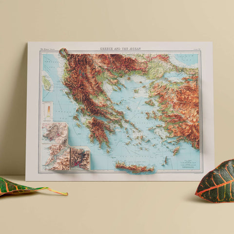 Greece, Topographic map - 1922, 2D printed shaded relief map with 3D effect of a 1922 topographic map of Greece. Shop our beautiful fine art printed maps on supreme Cotton paper. Vintage maps digitally restored and enhanced with a 3D effect. VizCart from Vizart
