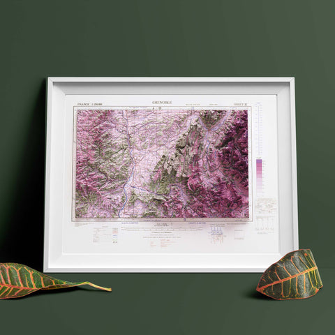 Grenoble (France), Topographic map - 1943, 2D printed shaded relief map with 3D effect of a 1943 topographic map of Grenoble (France). Shop our beautiful fine art printed maps on supreme Cotton paper. Vintage maps digitally restored and enhanced with a 3D effect. VizCart from Vizart
