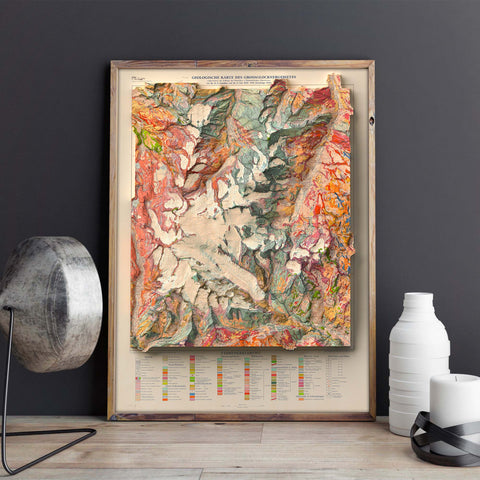 Grossglockner (Austria), Geological map - 1939, 2D printed shaded relief map with 3D effect of a 1939 geological map of Grossglockner (Austria). Shop our beautiful fine art printed maps on supreme Cotton paper. Vintage maps digitally restored and enhanced with a 3D effect. VizCart from Vizart