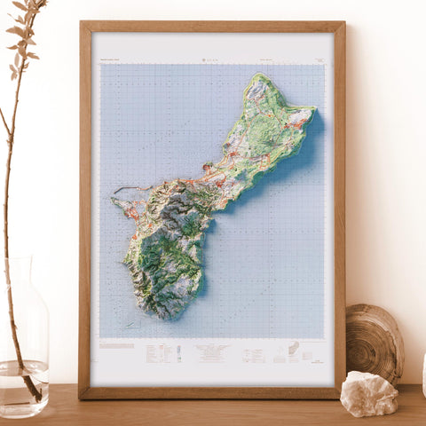 Guam (Mariana Islands, USA), Topographic map - 1965, 2D printed shaded relief map with 3D effect of a 1965 topographic map of Guam (Mariana Islands, USA). Shop our beautiful fine art printed maps on supreme Cotton paper. Vintage maps digitally restored and enhanced with a 3D effect. VizCart from Vizart