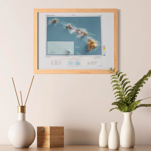 Hawaii (USA), Topographic map - 1974, 2D printed shaded relief map with 3D effect of a 1974 topographic map of Hawaii (USA). Shop our beautiful fine art printed maps on supreme Cotton paper. Vintage maps digitally restored and enhanced with a 3D effect. VizCart from Vizart