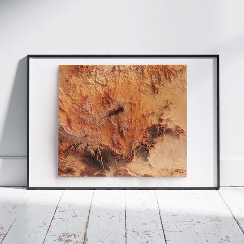 Hoggar (Algeria), Elevation tint - Red, 2D printed shaded relief map with 3D effect of Hoggar mountains (Algeria) with red hypsometric tint. Shop our beautiful fine art printed maps on supreme Cotton paper. Vintage maps digitally restored and enhanced with a 3D effect. VizCart from Vizart