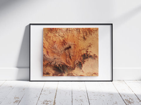 Hoggar (Algeria), Elevation tint - Red, 2D printed shaded relief map with 3D effect of Hoggar mountains (Algeria) with red hypsometric tint. Shop our beautiful fine art printed maps on supreme Cotton paper. Vintage maps digitally restored and enhanced with a 3D effect., VizCart from Vizart
