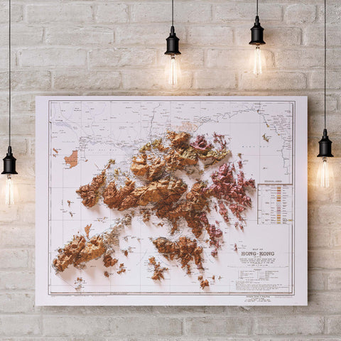 Hong Kong, Geological map - 1936, 2D printed shaded relief map with 3D effect of a 1936 geological map of Hong Kong. Shop our beautiful fine art printed maps on supreme Cotton paper. Vintage maps digitally restored and enhanced with a 3D effect. VizCart from Vizart