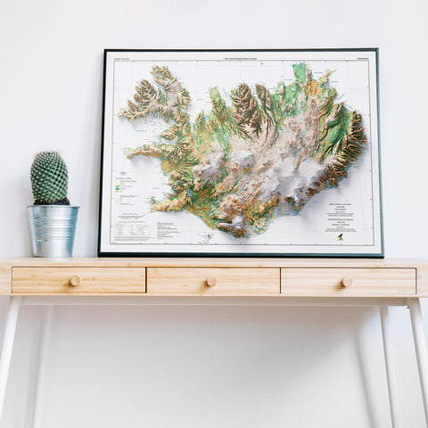 Iceland 1998 soil restored antique shaded relief map print on fine art paper wall decor