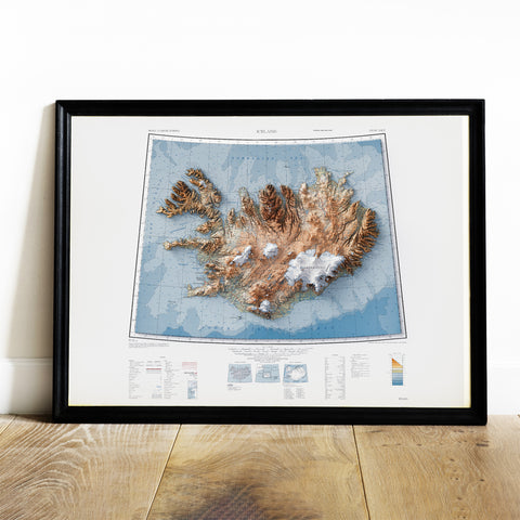 Iceland 1952 topographic restored antique shaded relief map print on fine art paper wall decor